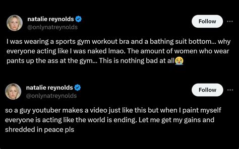 natalie reynolds leaked vids|Streamer ripped for wearing body paint at gym while nude